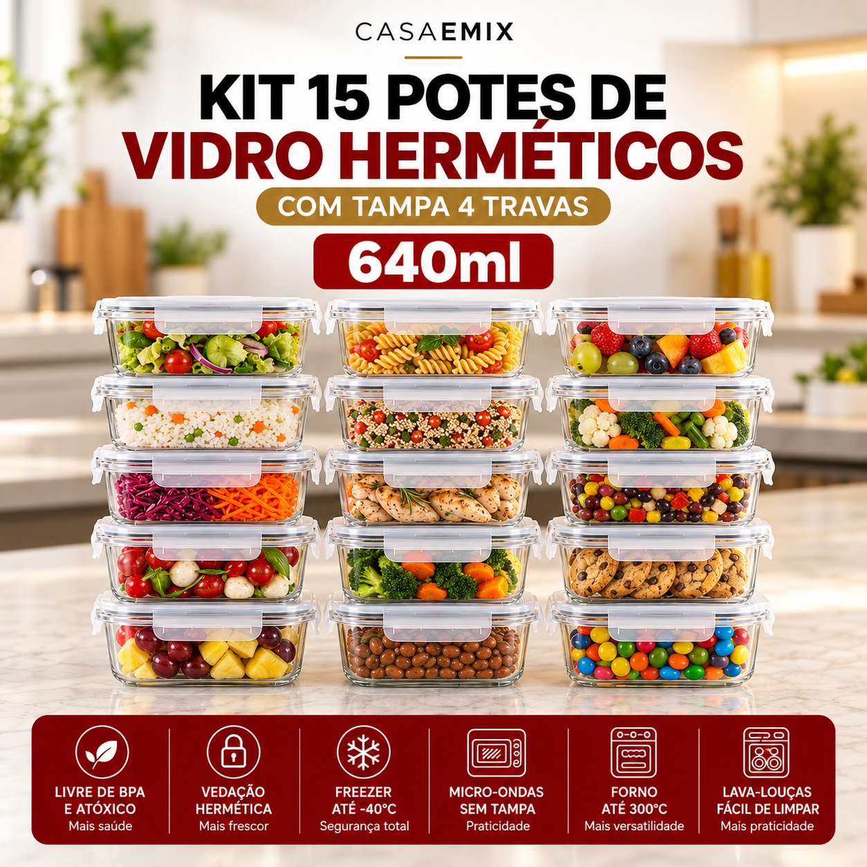 Kit Potes Herméticos de Vidro 640ml — Marmita Forno, Micro-ondas e Airfryer